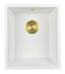 GraniteMy Universele granieten witte spoelbak 34x40 cm fehér felépítmény, aláépíthető és síkba építhető arany dugóval 1208967149
