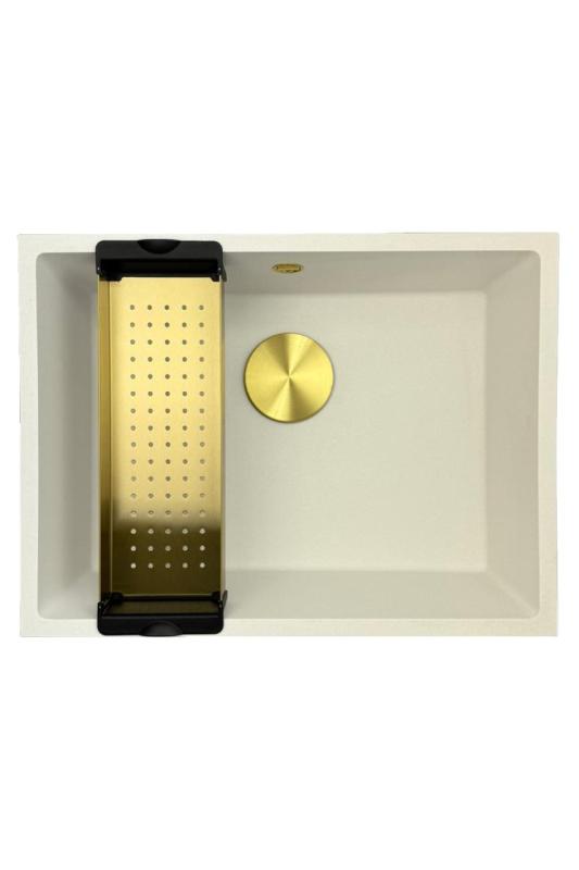 GraniteMy Universele granieten witte spoelbak 55x40 cm wit opbouw onderbouw en vlakbouw met gouden plug 1208967155