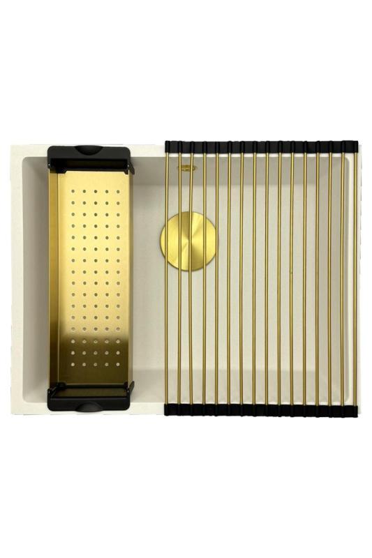 GraniteMy Universele granieten witte spoelbak 55x40 cm wit opbouw onderbouw en vlakbouw met gouden plug 1208967155