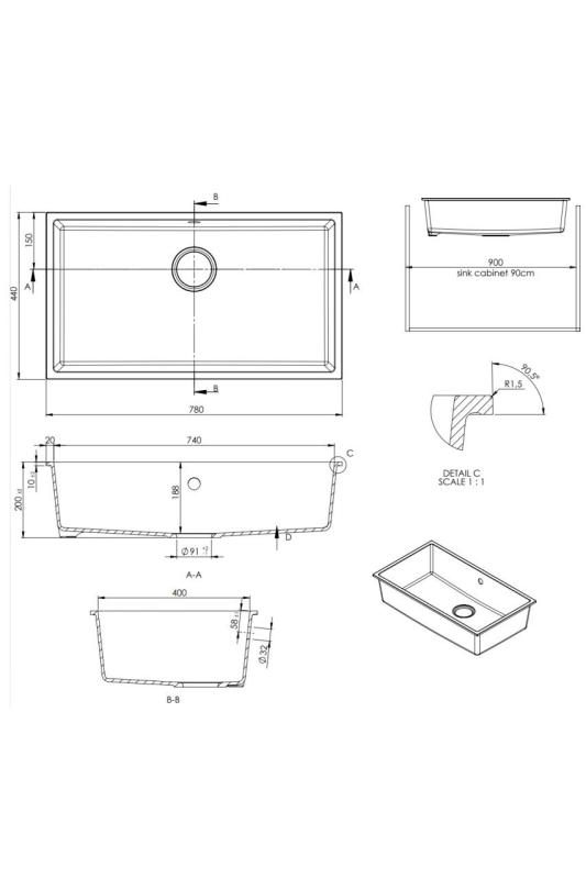 GraniteMy Universele granieten grote witte spoelbak 74x40 cm fehér beépíthető, aláépíthető és süllyesztett fekete dugóval 1208967161