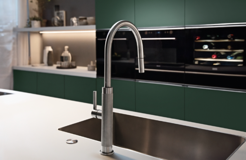 Franke Mythos Masterpiece Konyhai csaptelep J alakú kifolyóval, kihúzható zuhanyfejjel, teljesen rozsdamentes acél 115.0711.554