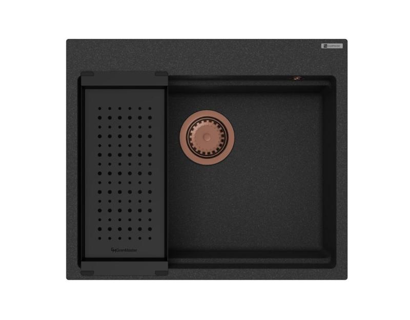 GraniteMy Steam gránit mosogató 56x48 cm fekete, felső szerelésű, réz dugóval, tartozékokkal együtt 1208967234