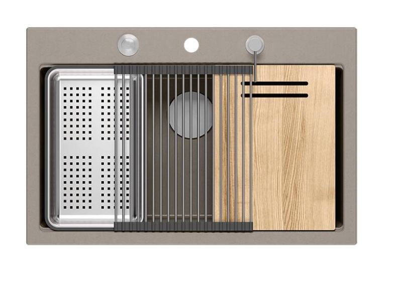 Quadri Hard Rock taupe gránit mosogató tálca 76x50 cm, beleértve a rozsdamentes acél dugót és tartozékokat 1208967270