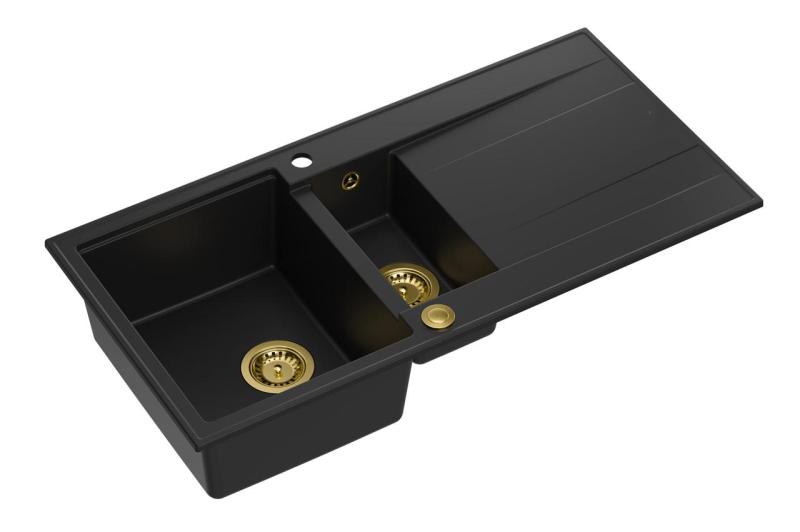 Quadri Luton fekete gránit 1,5 medencés, forgatható mosogató csepegtető felülettel 100x50 cm arany dugóval 1208967346
