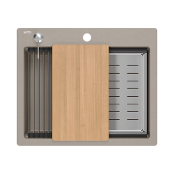 Quadri Durham taupe gránit felépítésű mosogató 595x500 szappanadagolóval, vágódeszkával, beépített mosogatóval és hengerlappal 1208967376