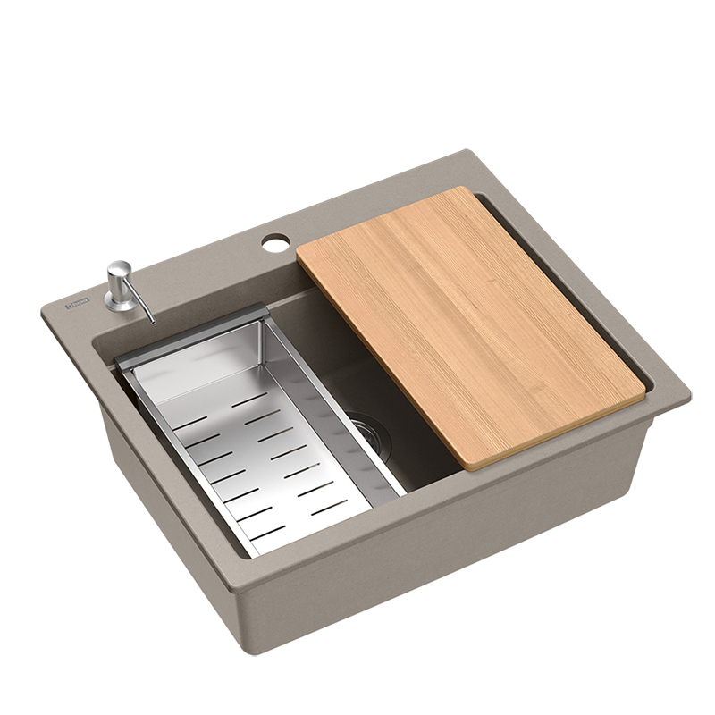 Quadri Durham taupe gránit felépítésű mosogató 595x500 szappanadagolóval, vágódeszkával, beépített mosogatóval és hengerlappal 1208967376
