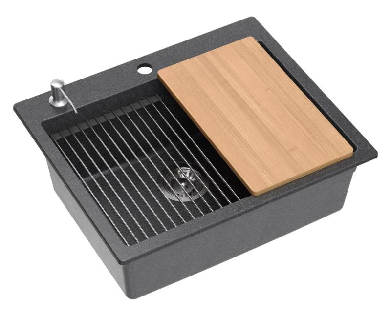 Quadri Durham antracit gránit felületre szerelhető mosogató 595x500 szappanadagolóval, vágódeszkával, beépített mosogatóval és görgős szőnyeggel 1208967379