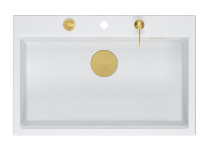 Quadri Hard Rock fehér gránit mosogató nagy medence 76x50cm arany dugóval és tartozékokkal 1208967424