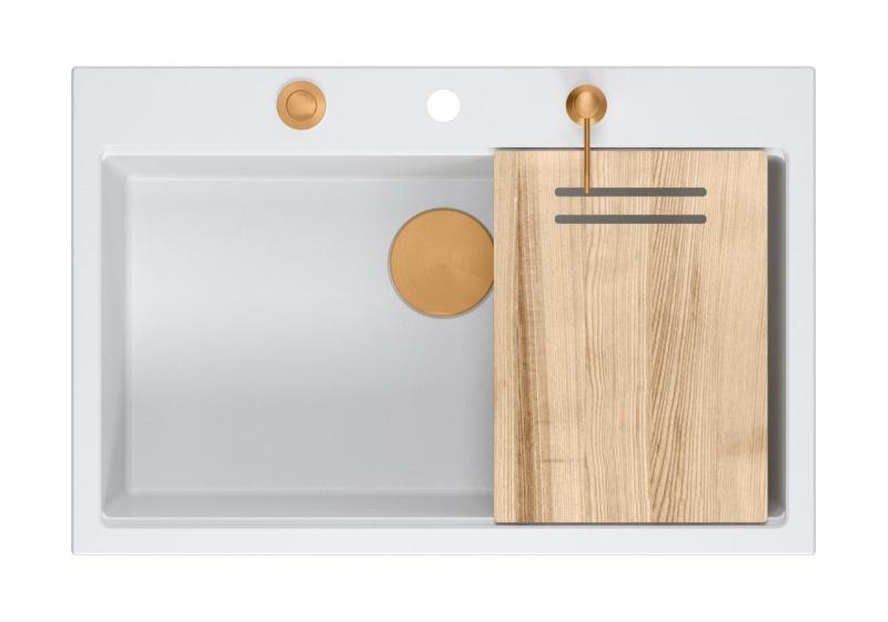 Quadri Hard Rock fehér gránit mosogató nagy medencével 76x50cm, réz dugóval és tartozékokkal együtt 1208967428