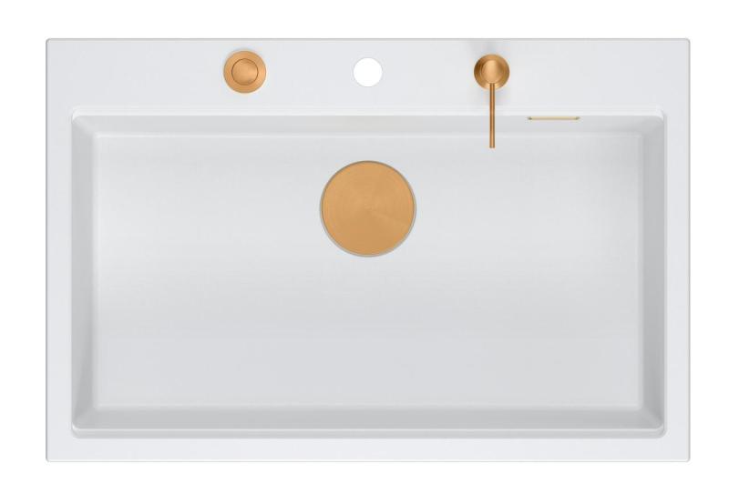 Quadri Hard Rock fehér gránit mosogató nagy medencével 76x50cm, réz dugóval és tartozékokkal együtt 1208967428