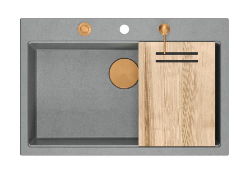 Quadri Hard Rock szürke gránit felépítmény nagy mosogatótálca 76x50cm réz dugóval és tartozékokkal 1208967435