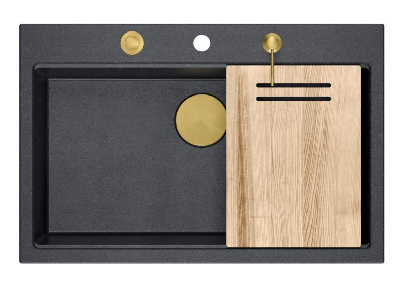 Quadri Hard Rock antracit gránit mosdókagyló 76x50 cm arany dugóval és tartozékokkal 1208967444