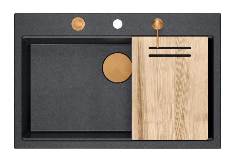 Quadri Hard Rock antraciet granieten opbouw grote spoelbak 76x50cm inclusief koperen plug en accessoires 1208967445Quadri Hard Rock antracit gránit felépítmény nagy mosogató 76x50cm, réz du