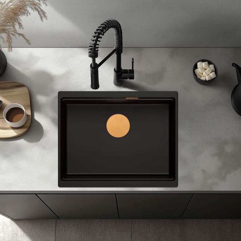 Quadri Newport II gránit beépíthető fekete mosogatótálca 560x450mm réz dugóval és lefolyófedéllel 1208967450