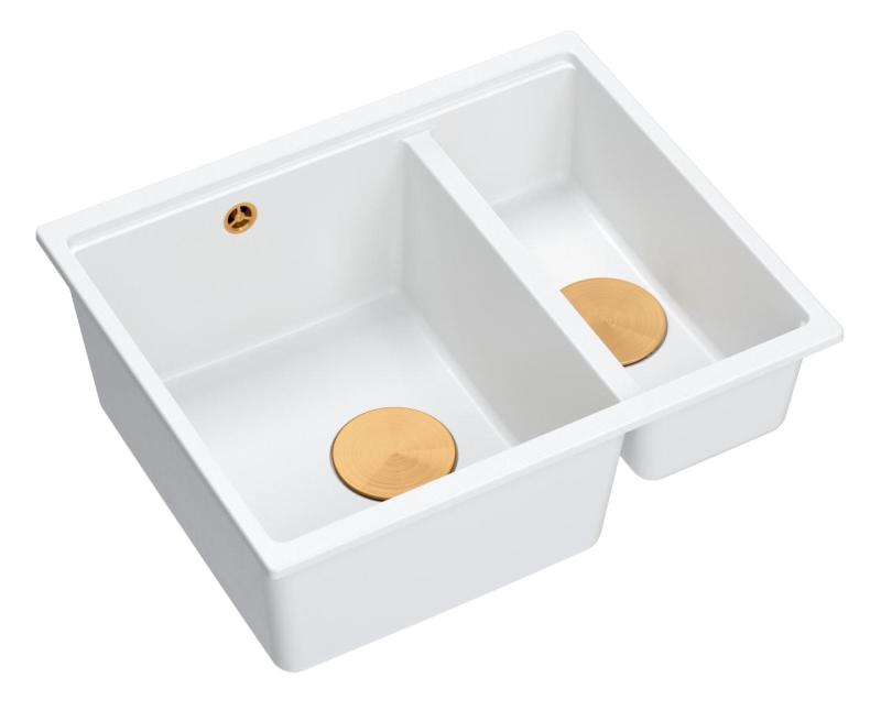 Quadri Newport II fehér 1,5 medencés gránit mosogatótálca felső és alsó beépítéssel 555x460mm réz dugóval 1208967463