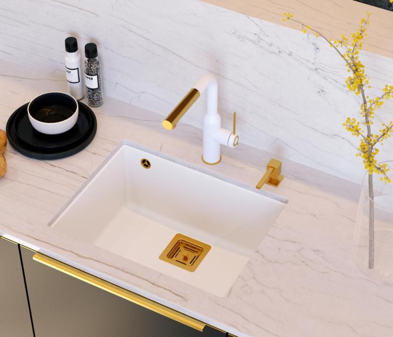 Quadri Quadrangle fehér gránit alsó szerelésű mosogató 55x42cm réz dugóval 1208967478