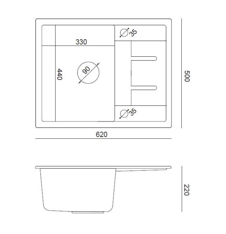 Quadri Dalton szürke gránit mosogatótálca csepegtetővel, 62x50cm-es, rozsdamentes acél dugóval, 1208967492