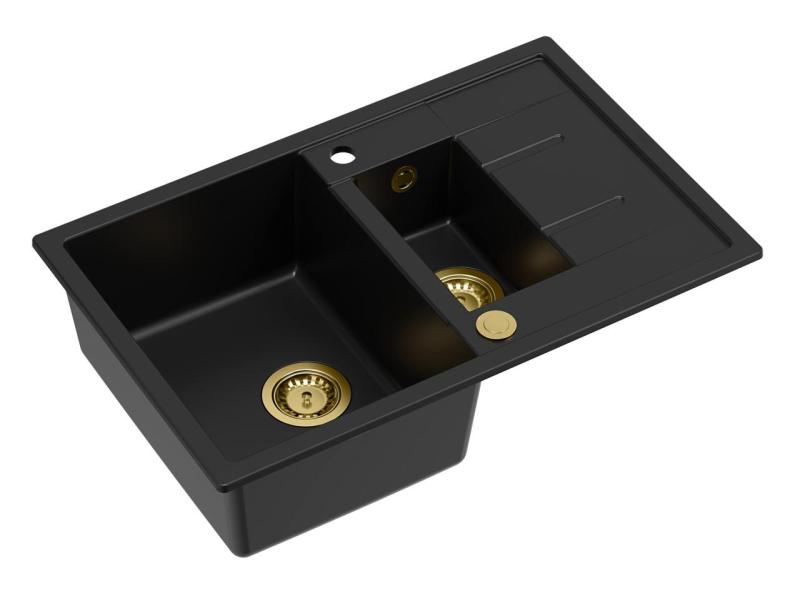 Quadri Brenton fekete gránit mosogató 1,5 medencével és csepegtetővel, 78x50 cm, arany színű dugóval 1208967554