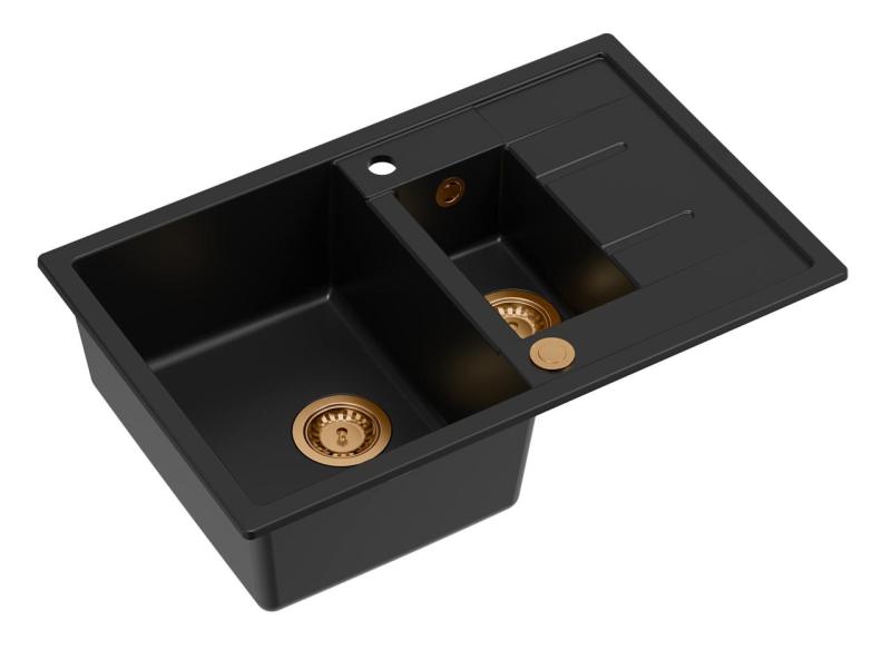 Quadri Brenton fekete gránit mosogató, 1,5 medencés, csepegtetővel, 78x50 cm-es, réz dugóval 1208967555