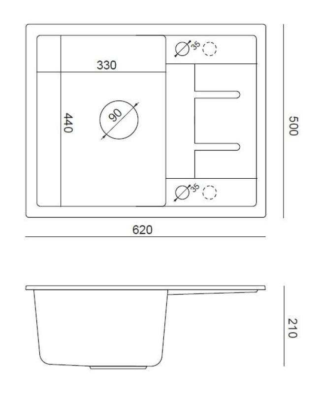 Quadri Dalton antraciet graniet opbouw spoelbak met afdruipvlak 62x50cm met koperen plug 1208967572