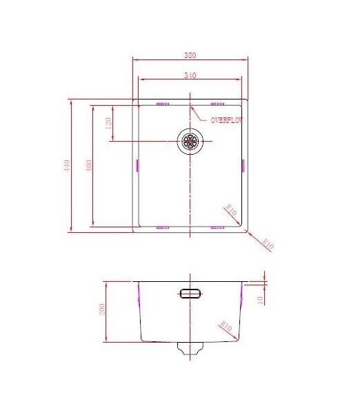 Pure.Sink Prestige mosogató 34x40 cm PVD Arany, 10 mm-es rádiusszal, alsó beépítéshez, süllyesztett és felületi beépítéshez PPG3440-60