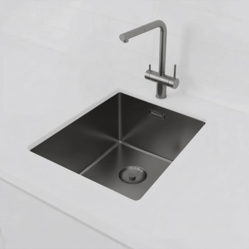 Pure.Sink Prestige mosogató PVD gun metal 34x40 cm 10 mm sugár aláépíthető, síkba építhető és ráépíthető PPG3440-61