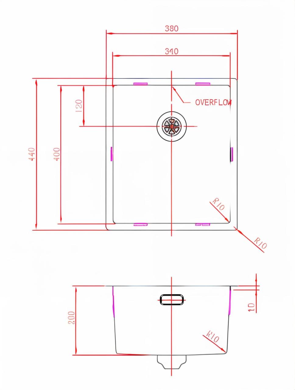 Pure.Sink Prestige mosogató 34x40 cm PVD Réz, 10 mm-es rádiusszal, alsó beépítéshez, süllyesztett és felületi beépítéshez PPG3440-62