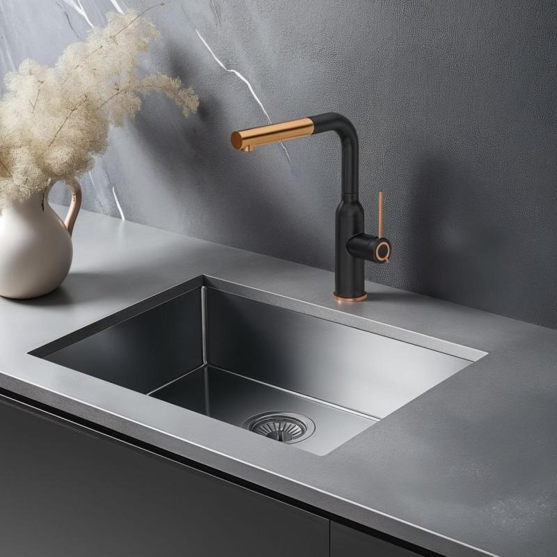 Quadri Stamford Keukenkraan Zwart met PVD Koperen Afwerking en Uittrekbare Uitloop 1208967689