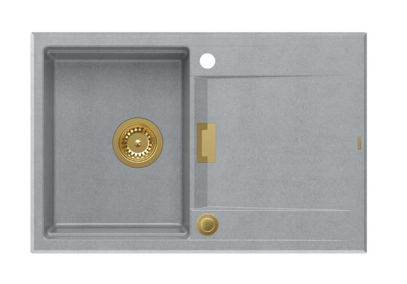Quadri Minton Gránit Beépíthető Szürke Mosogatótálca 76x50cm Csepegtetővel Megfordítható és Arany Dugóval - 1208967742