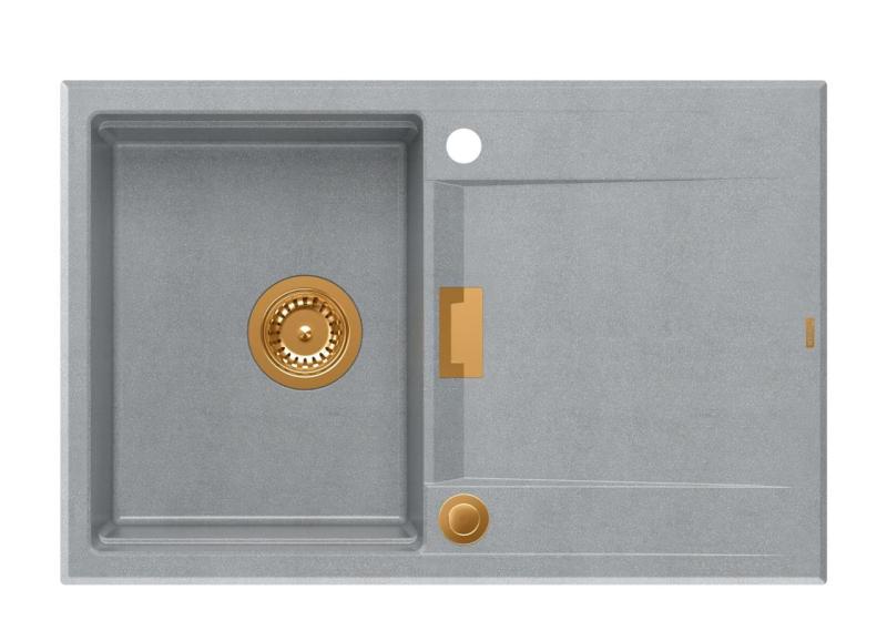 Quadri Minton Gránit Felépítmény Szürke Mosogató 76x50cm Csepegtetővel Megfordítható és Réz Dugóval - 1208967743