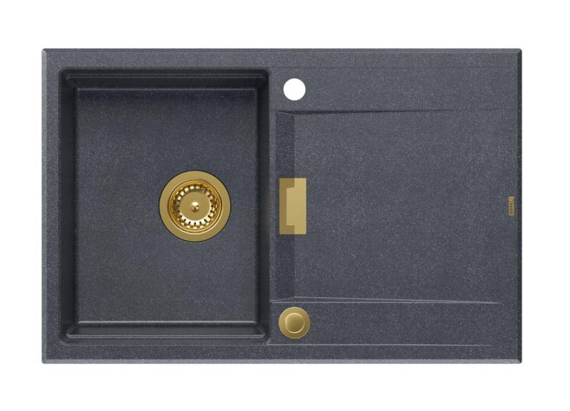 Quadri Minton Gránit Felső Antracit Mosogató 76x50cm Csepegtetővel Megfordítható és Arany Dugóval - 1208967745