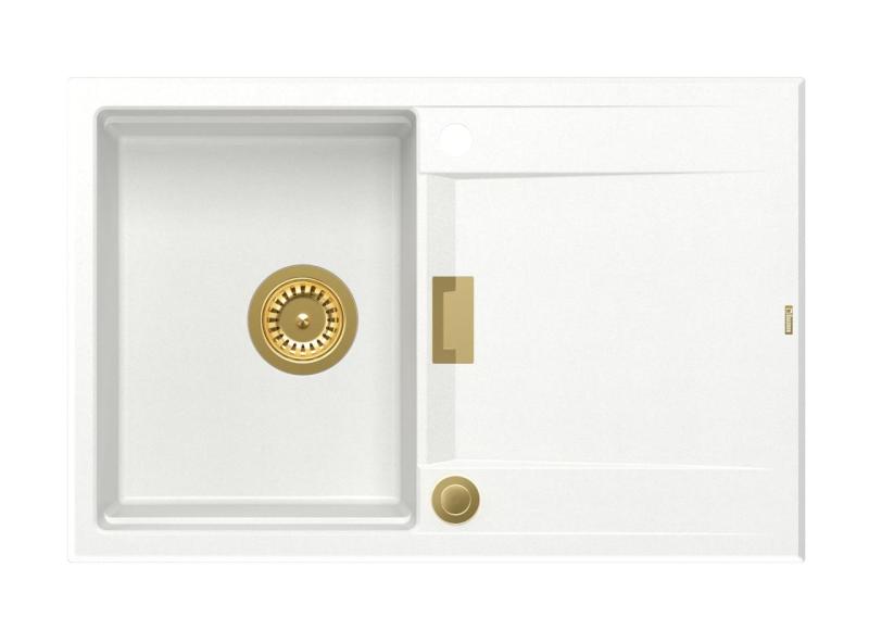 Quadri Minton Gránit Felépítés Fehér Mosogató 76x50cm Csepegtetővel, Megfordítható és Arany Dugóval - 1208967748