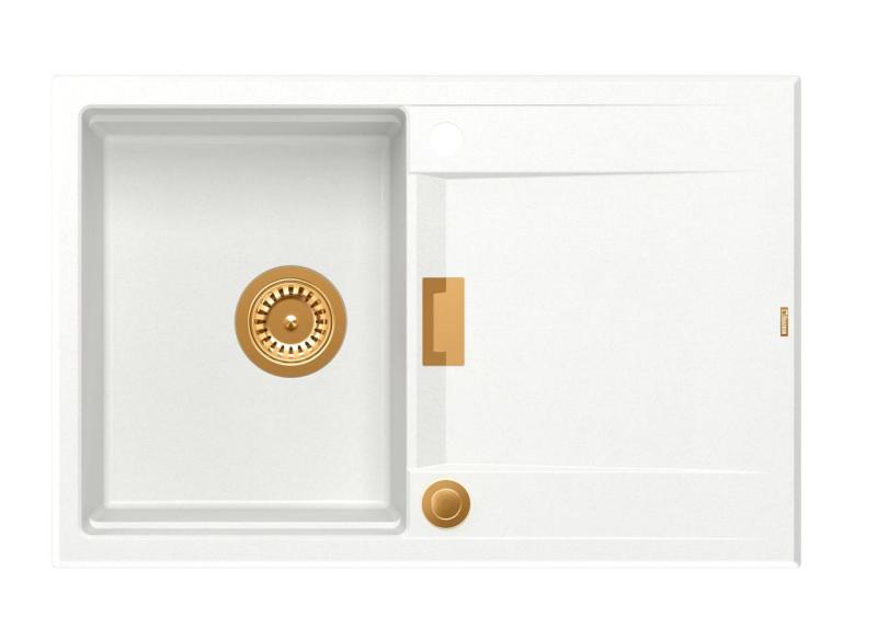 Quadri Minton Gránit Felépíthető Fehér Mosogató 76x50cm csepegtetővel, Megfordítható és Réz Dugóval - 1208967749