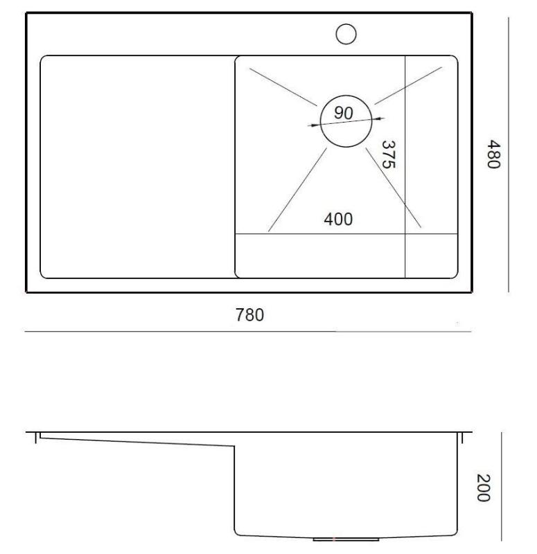 Aquadesign Clara Rozsdamentes Acél Mosogató Jobboldali Medencével 78x48cm Felső vagy Síkbeli Beépítés Afdruiprek-kel, Csaptelephellyel és Rozsdamentes Acél Dugóval - 1208967754