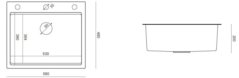 Aquadesign Vesta RVS Mosogató 580x485 cm Felépítés és Síkbeépítés Csaptelep Tartóval, Rozsdamentes Acél Dugóval és Tartozékokkal - 1208967763