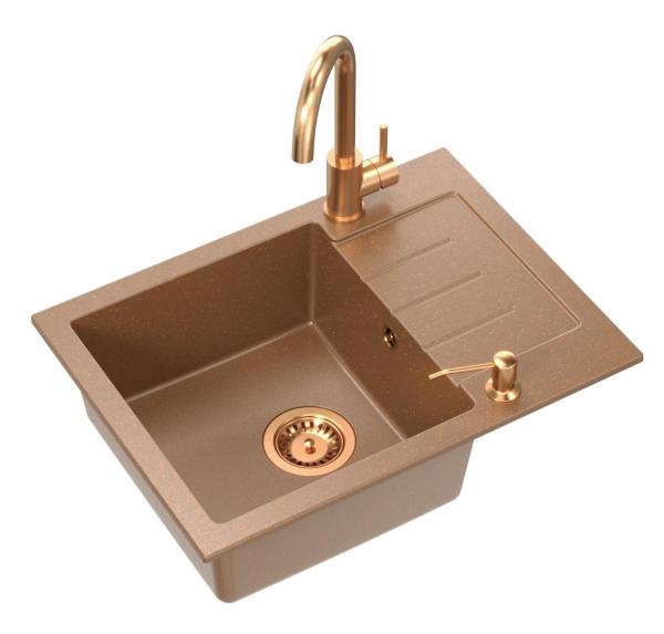 Quadri Kendal Set met Keukenkraan, Vloeistofdispenser en Granieten Koperkleurige Spoelbak 60x44 cm met Afdruipgedeelte en Koperen plug en Orveloop- 1208967840

Quadri Kendal konyhai csaptelep