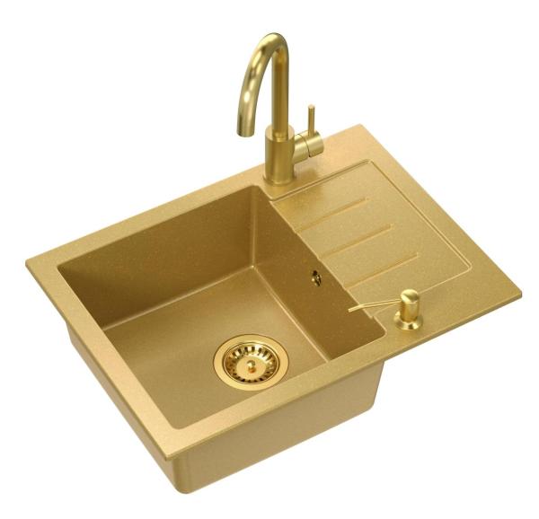 Quadri Kendal Set met Keukenkraan, Vloeistofdispenser en Granieten Goudkleurige Spoelbak 60x44 cm met Afdruipgedeelte en Gouden plug en Orveloop- 1208967842

Quadri Kendal szett konyhai csapt