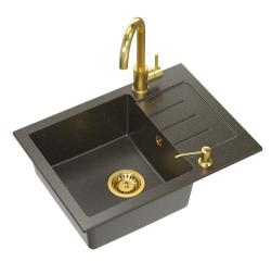 Quadri Kendal Set met Keukenkraan, Vloeistofdispenser en Granieten Antraciet Goudkleurige Spoelbak 60x44 cm met Afdruipgedeelte en Gouden plug en Overloop- 1208967843

Quadri Kendal Készlet K