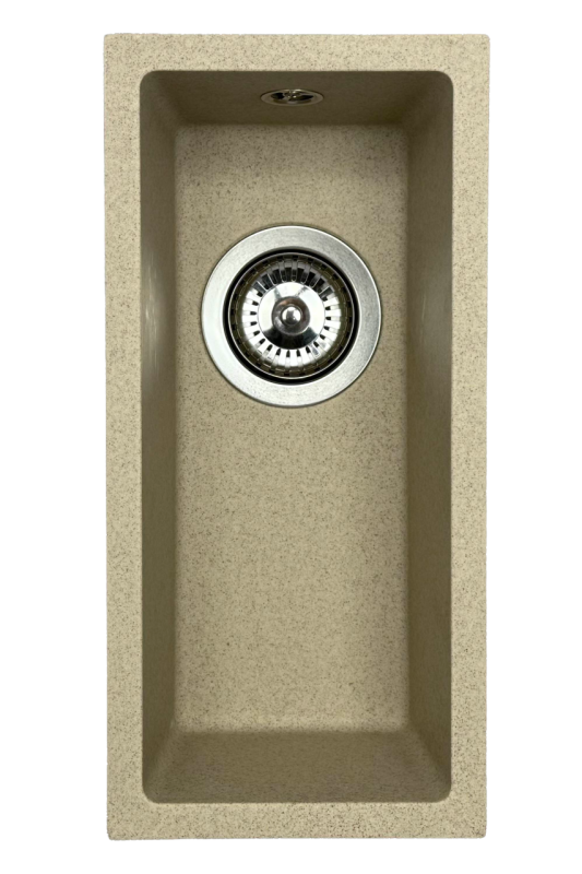 GraniteMy Universele granieten beige zand kleine spoelbak 17x40 cm opbouw, onderbouw en vlakbouw met roestvrijstalen plug 1208968002