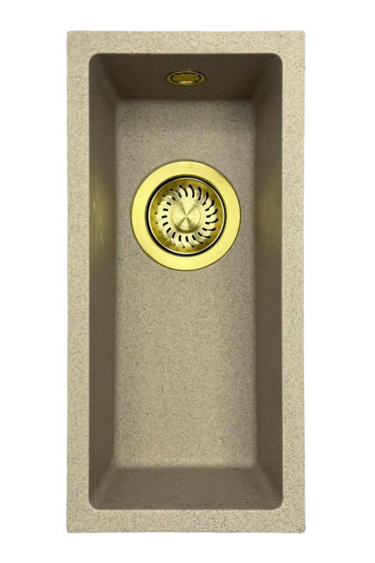 GraniteMy Univerzális gránit bézs homok kis mosogató 17x40 cm felépítés, aláépítés és süllyesztett építés arany dugóval 1208968003