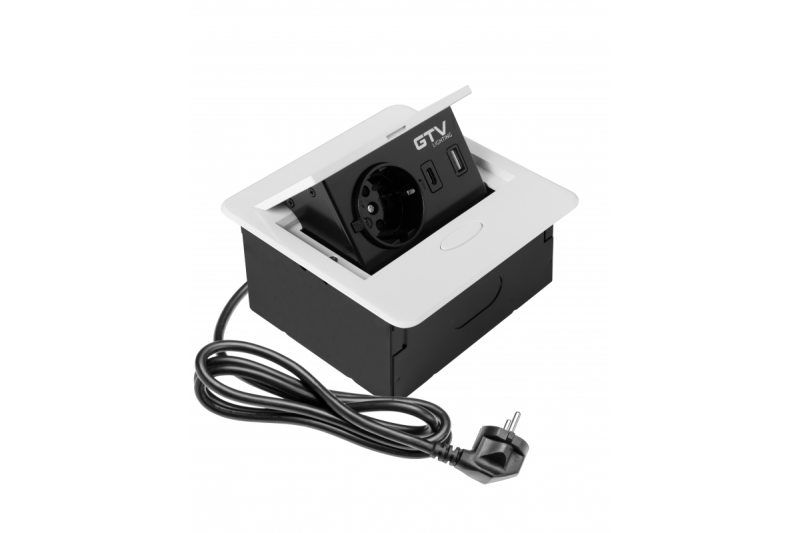 AVARO Süllyesztett Bútor Aljzat, 1x Schuko Aljzat, USB A+C, 1.5m Kábel, Fehér