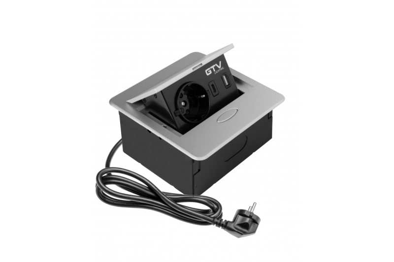 AVARO Beépíthető Bútor Aljzat, 1x Schuko Aljzat, USB A+C, 1,5m Kábel, Ezüst