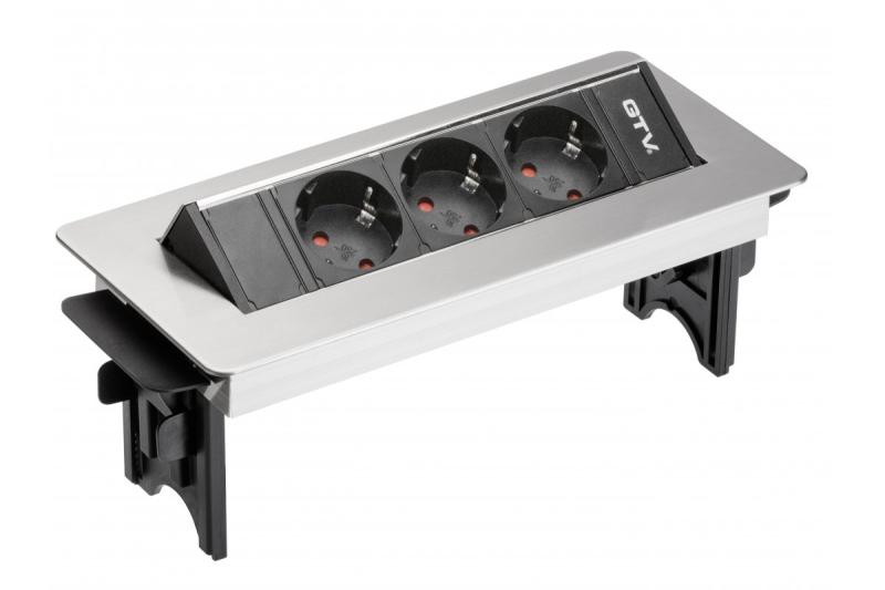 Asztali hosszabbító kábel kazetta nélkül, 3x schuko aljzattal, 1,5m hosszú tápkábellel inox dugóval (csavaros rögzítés)