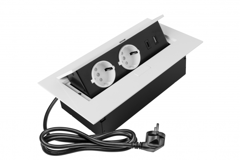 Bútor aljzat 2x aljzat földeléssel, USB A+C, tápkábel dugóval, fehér