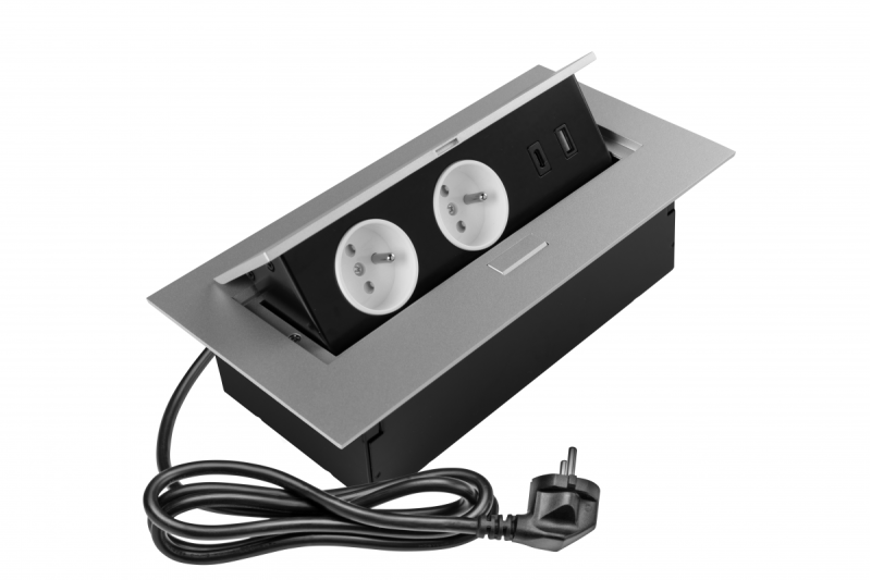 Bútor aljzat 2x aljzat földeléssel, USB A+C, tápkábel csatlakozóval, alu