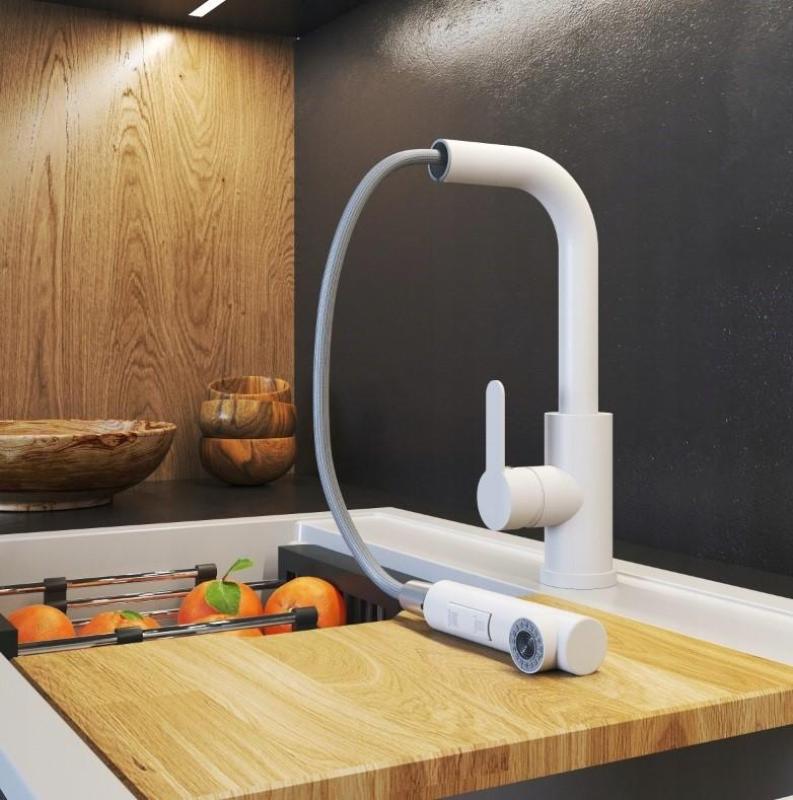 Gránitland Celeste Konyhai Csaptelep Fehér, Kihúzható Kifolyóval és Kétfunkciós Kézi Zuhannyal 1208969526