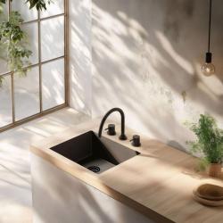 Waterevolution Flow 3-lyukú konyhai keverőcsap forgatható kifolyóval és szűrt víz csatlakozással fekete T152UPR