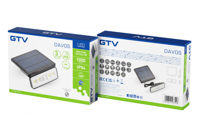 Napfény lámpatest mozgás- és alkonyatérzékelővel DAVOS, LED, 1000lm, 4000K, 2000mAh, IP54, fekete