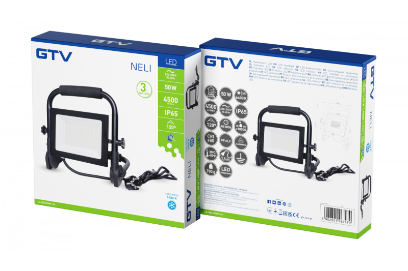 NELI Hordozható Reflektor, LED, 50W, 4500lm, 6400K, AC220-240V, IP65, 1,5m kábel