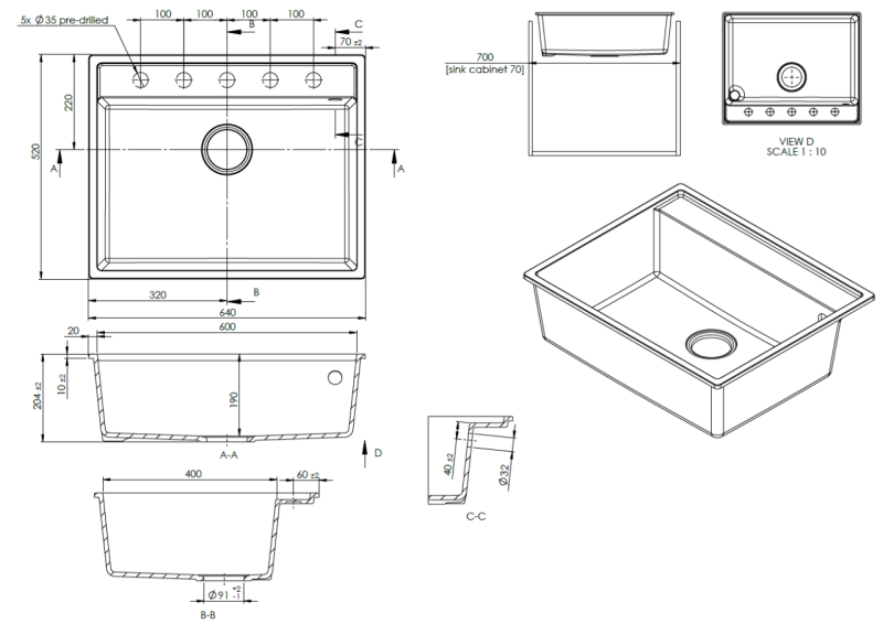 GraniteMy Bremen Gránit Mosogató 64x52 cm Fekete – Felületi, Alsó és Süllyesztett Beépítés Rozsdamentes Acél Dugóval és Csaptelephellyel 1208969992